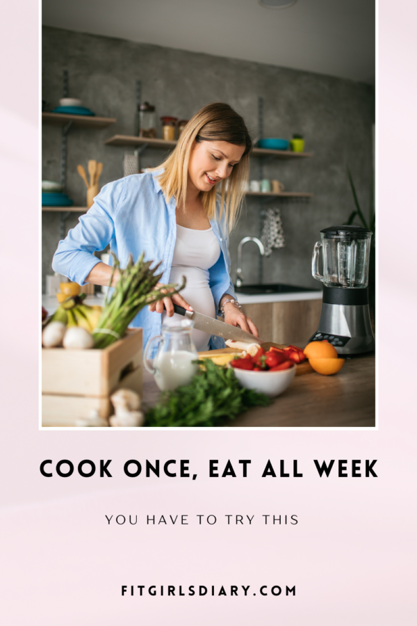 A photo of a woman happily preparing a meal, with a headline or overlay that says 'Cook Once, Eat All Week'