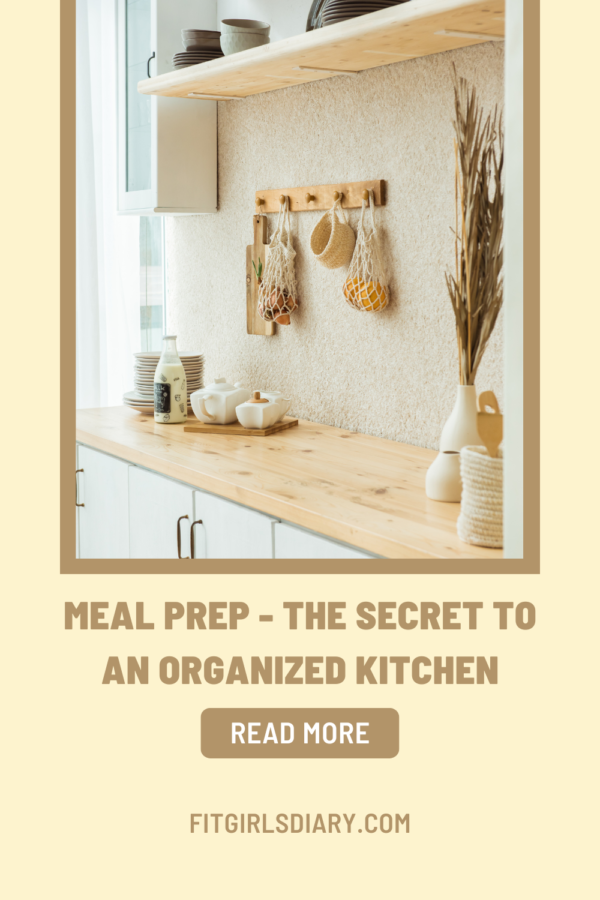 A photo of a meal prepping station that is well-organized, with a headline or overlay that says 'The Secret to an Organized Kitchen'